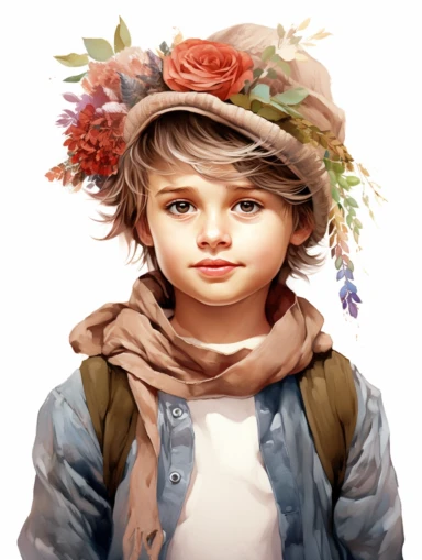 bohemian cute young boy, sticker art, clipart png, photorealistic, watercolor, digital painting, WHITE BACKGROUND, fantasy style, realistic, painting, 8k, ultra details,