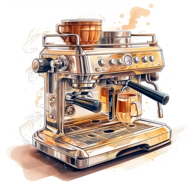 watercolor art of coffee machine, in the style of realistic and hyper-detailed renderings, sketchfab, ahmed morsi, realistic watercolor paintings, use of common materials, handcrafted designs clipart tan and silver with background removed
