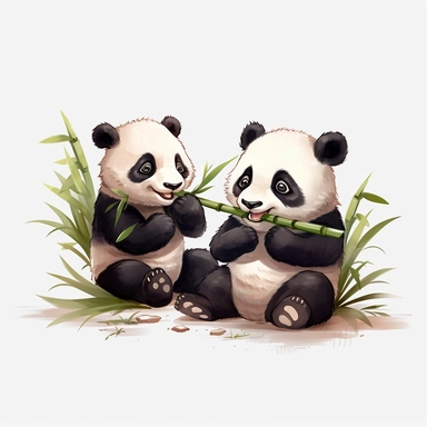 2 baby pandas eating bamboo, pixar style, clipart on white background