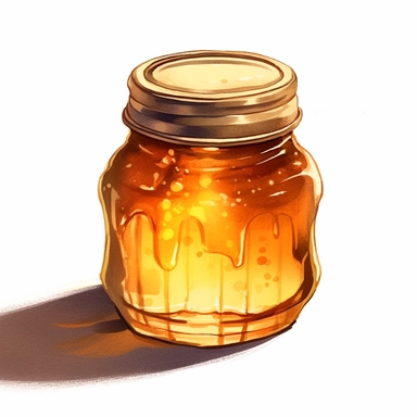 A honey jar positioned under warm sunlight, casting a beautiful golden glow on the surroundings, creating an inviting and comforting atmosphere. (Digital drawing clipart, image black border color, full body, flat texture, transparent background), watercolor