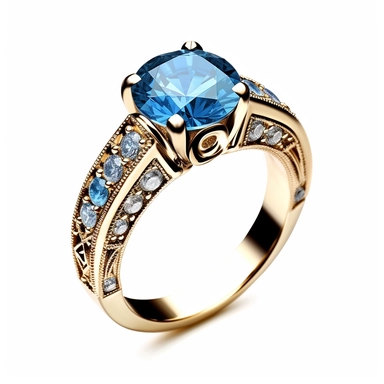 jewellery gold engagement ring with blue stone and diamonds digital clipart on white background