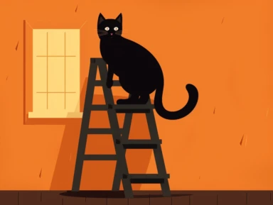 Clipart of a black cat sitting under a ladder, symbolizing common Halloween and Friday the 13th superstitions.