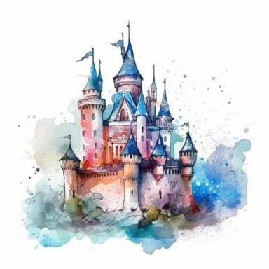 one castle Watercolor clipart on a white background, in the style of realistic and hyper-detailed rendering, muralist, distressed material, uhd image, ps1 graphics, detailed character design, large scale murals, no watermark, text, 300 DPI , typography, shapes do not stick together, no text in the picture, on a white background