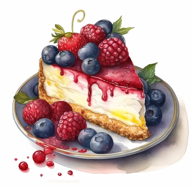 A delightful watercolor, hyper - realistic clipart image with a white background and white margins, showcasing a plate of cheesecake with raspberries and blueberries. The ultra - detailed, hand - drawn elements capture the bright and airy cream and fresh colorful fruits. Use whimsical touches to add a sense of freshness bright, and bold shades of yellow and red to evoke the comforting and satisfying nature of this classic dessert dish