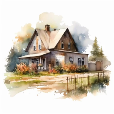 elegant rustic watercolor farmhouse in the summer, clipart
