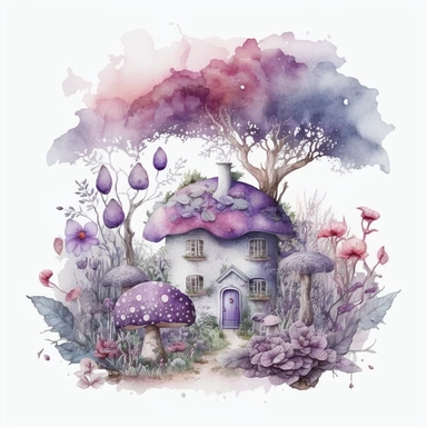 Watercolour light purple Magic Mystical Mushroom clipart with white background cottage surrounded by fruits and front garden, with purple buttlerflys