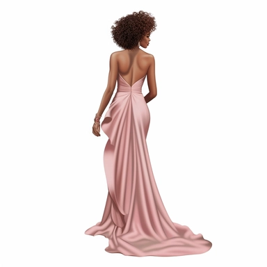 back of realistic illustration of a beautiful african american woman in 20's wearing long dress, high neckline, pink heels, long curly hair, not wearing earrings, perfect make-up, full body visible, self-confident, clipart, isolated on white background, 4K