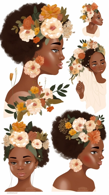 animated clipart bundle african american mother concepts, clipart bundle with beautiful flowers, beautiful faces, beautiful eyes and differential body types and skin tones, harlem Renaissance, Mother's Day White background