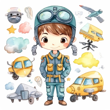 cute kawaii plane pilot , watercolor white background clipart set single elements with margin