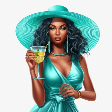 pretty black girl, Sun Straw Hat Wide Brim Summer Hat Foldable Roll up Floppy Beach Hats, pretty, holding a cocktail drink, cyan outfit, 4k, hd, clipart