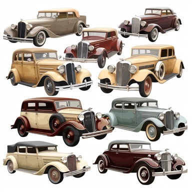 cliparts showcasing vintage cars from different decades, such as the 1920s, 1930s, or 1940s. Include classic models like the Ford Model T, Chevrolet Bel Air, Volkswagen Beetle, or Rolls-Royce Phantom.