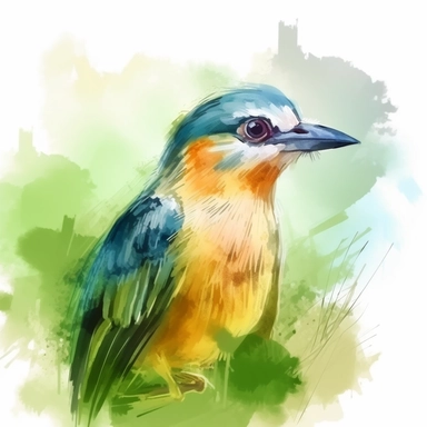 watercolor painting of a bird, looking at the camera, clipart, pastel color Illustration, 4k, sharp focus, Featured on grass, watercolor edge-smudging style, Octane rendering, watercolor style, flat vector