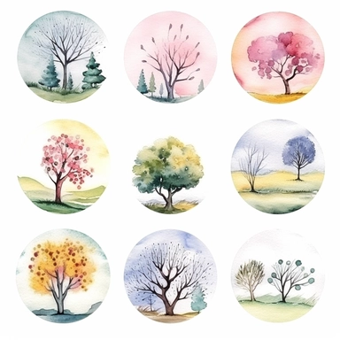 watercolor embroidery , illustrations clipart set, simple , cartoon elements, different variants , trees in seasons , separate elements with a margin