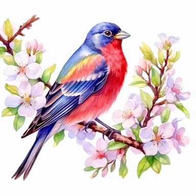 Painted Bunting sits on a sakura branch on a white background, illustration in watercolor style, drawing done in professional glazing technique, expressive details, realistic drawing technique, saturated colors, harmony with nature, pronounced contours, clipart, a masterpiece, white background