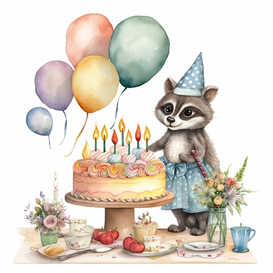 clipart of baby raccoon in birthday party with a balloons, cake with candles, illustration on white background, in the style of victorian - era clothing, embroidery, beatrix potter, 32k uhd, grainy, flickr, plush doll art, watercolor art by Susan Wheeler and Marjolein Bastin
