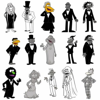 a set of black line clipart inspired by zombie wars and eat the rich and income inequality and class warfare and evil muppets and retro rubber hose style animation