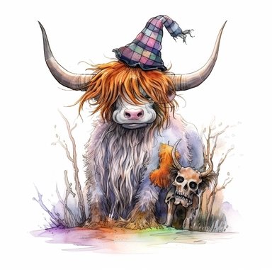 Watercolor realistic highland cow with scarecrow , style by Lucy Fleming, watercolor, smooth gradients, black contour outline, ultra detailed, clipart elements, delicate pastel colors, solid white background, super clear, high quality