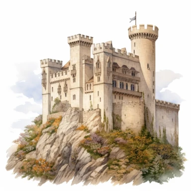 watercolor for a clipart with a white background of a hyperdetailed medieval castle, painted by Mary Jane Ansell