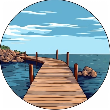 clipart picture of a dock, shore of beach, white clean edged circular background, clean lines and edges