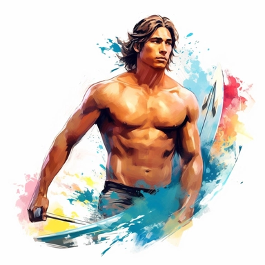 beautiful stunning hawaiian surfer young man , paint art style, clipart, white background, superrealistic, one of a kind