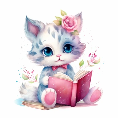 Cute little kitten reading a book, folk art, watercolor, pastel, clipart elements, kawaii, white background