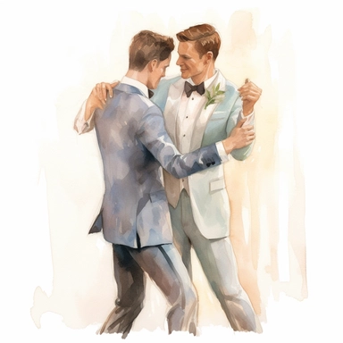 gay grooms First Dance Clipart: This watercolor piece illustrates two grooms couple's first dance, capturing their joy and love in soft pastel hues.