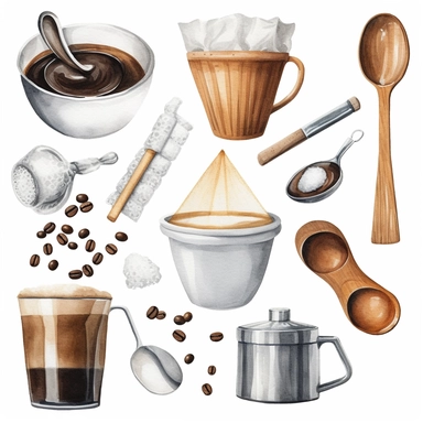 Clip art featuring coffee-related accessories like coffee filters, sugar cubes, coffee stirrers, or coffee beans in a scoop, on a white background.