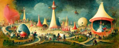 A Dazzling amusement park, Clipart, by Hieronymus Bosch, Outrun