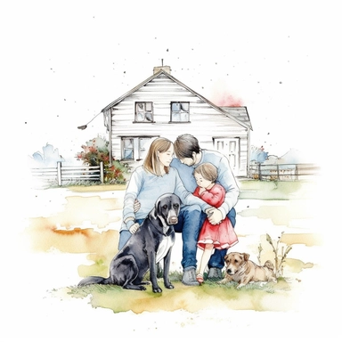 Home, Cute family with baby and dog on the side, surrounded by white background, clipart wide shot, very detailed, watercolor illustration, white background, cinematic, ultra hd, ar-- 2:3