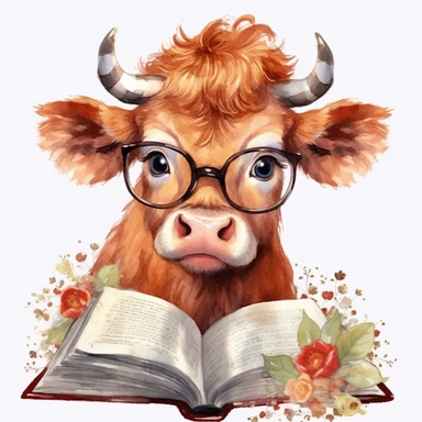 beautiful Baby Cow reading book clipart, clipart watercolor, 8k