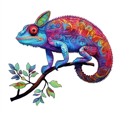 chameleon, clipart, detailed, curled tail, on a branch, clean lines, vibrant, white background