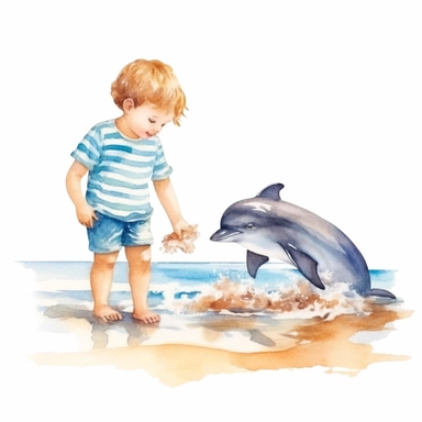 watercolor two sweet boys playing with shells near dolphins in the sea clipart on white blackground