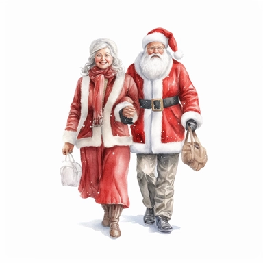 watercolor hyper realistic vintage happy classic full body Santa Claus in Santa-suit with Mrs. Claus clipart, Santa and wife Mrs. Claus, photorealistic, realistic full body style, detailed watercolor style, on white background