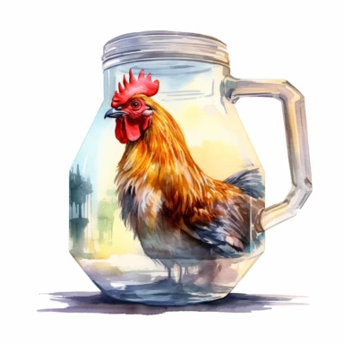a 3d rooster living inside of a glass cider jug, water color clipart