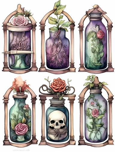 Create a series of hauntingly beautiful watercolor clipart illustrations inspired by dark fairytales. Craft ethereal scenes featuring delicate flowers entwined with thorns, mysterious characters cloaked in shadows, and magical elements like potions or spellbooks. Utilize the fluidity of watercolor to add depth and dimension to each artwork, making them perfect for embellishing invitations, packaging designs, or digital collages.
