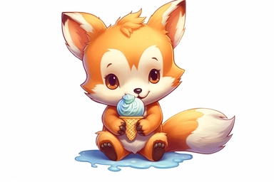 cute anime baby fox eating ice-cream clipart, fruit around, hd, on white background, spaced out