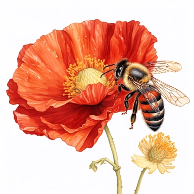 honey bee collecting resting on a red poppy flower clipart, on isolated white background, H