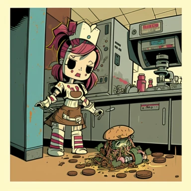garbage pale kids format, pop surrealism digital art image of broken down, old, rusting, cartoonish, humanoid robot cooking burgers in the kitchen of a fast food restaurant. The robot is wearing tattered, McDonalds style uniform, made of human clothing. The robot is in an art style inspired by artists like Tara McPhereson, Nooligan, and Robin Eisenberg. To be used for digital clipart. Use dull, 1970's style, yellow, green, brown color scheme for the robot.