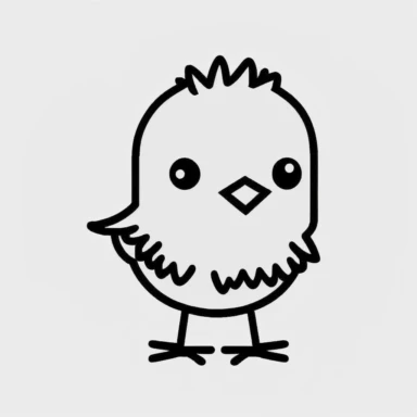 Simple outline of a baby Hen, kids cartoon, minimalist, black on white, lineart, 2d flat file, silhouette, clipart, uninterrupted outline as in an svg, perfect outline corners, make it an outline svg and fill color white, exact outline, the line should not be thickened, the line should not be thicker or thinner, the outline of the line should be thin, maximum 1 millimetre.