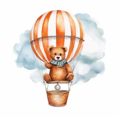 cute Teddy Bear in a hot air balloon in the clouds, clipart, watercolor, white background