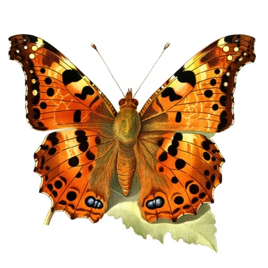 Vintage 1920 Polygonia Comma Butterfly Illustration, Chromolithograph, 1920s Illustration, Vintage, Chromolithograph, Colorful, Antique, Ephemera, Clipart, 8k, Isolated on white