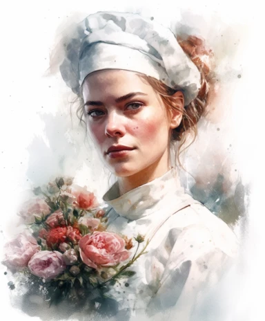 watercolor mixed media portrait of a beautiful and feminine cook in a chef's hat and apron, decorated with roses and summer flowers and magic crystals, lace and embroidery, masterpiece by Carl Holsoe style and by Tom Bagshaw style and Daniel Ridgway Knight, Village fashion, PNG clipart, isolated on white, extreme photorealistic details, 32k HD resolution, realistic high detailization high resolution