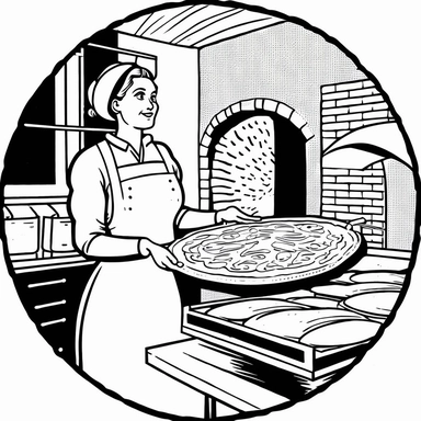 Norwegian woman forty years, putting lefse in oven, Black and white illustration, pizzaoven made of bricks, clipart, circle shaped logo, lineart, cartoon