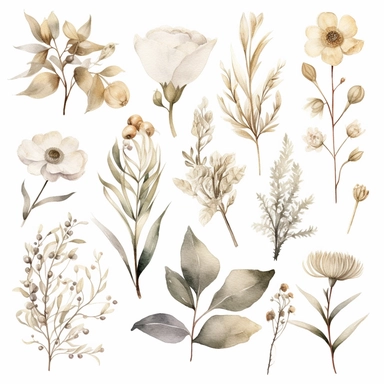 Watercolor Elegant Neutral Colors whites, creams and grays Bohemian leaves, Floral Clipart, Bohemian Wild Flowers, Bohemian Leaves Watercolor, 8k