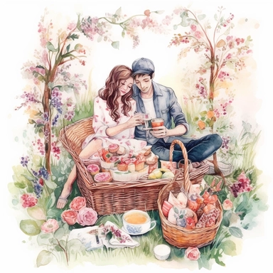 watercolor, hyper realistic, white background, white margins, 16k, ultra detailed clipart, cut out image, hand-drawn, whimsical a couple sharing a romantic picnic in a lush garden, surrounded by blooming flowers and a wicker basket filled with treats. soft shades of pink, purple, and green