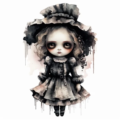 mystical dark scary watecolor halloween evil horror doll clipart, hd 4k, detailed, focused, isolated on white background