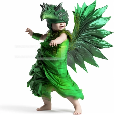 green baby girl Godzilla, looks like an alien, doing high step dance moves, wearing a designer dress made from Phoenix feathers , ultra high fashion, wearing ruby neck scarf, techno lighting, disney cuteness, plain white background, cutout clipart