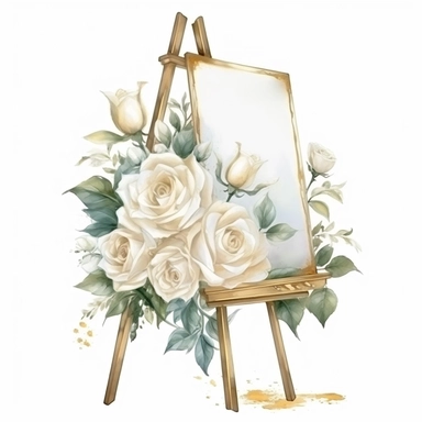 hand drawn gold easel with a blank white sign, white roses and white flowers with greenery, glamorous, very detailed and realistic, watercolor, clipart style, white background with margins