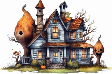 haunted house, halloween, folk art, watercolor, clipart elements, smooth gradients, black contour outline, ultra detailed, white background, super clear, high quality