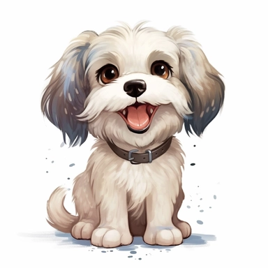 single isolated asset, cute happy Havanese puppy action pose, front view, chibi style, watercolor, professional vector clipart, white background